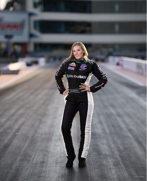 Ida Zetterstr&ouml;m in a GlobalSKU-branded firesuit on the track